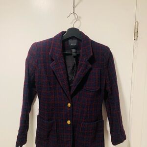 Smythe Navy and Burgundy Plaid Wool Blazer with Gold Buttons